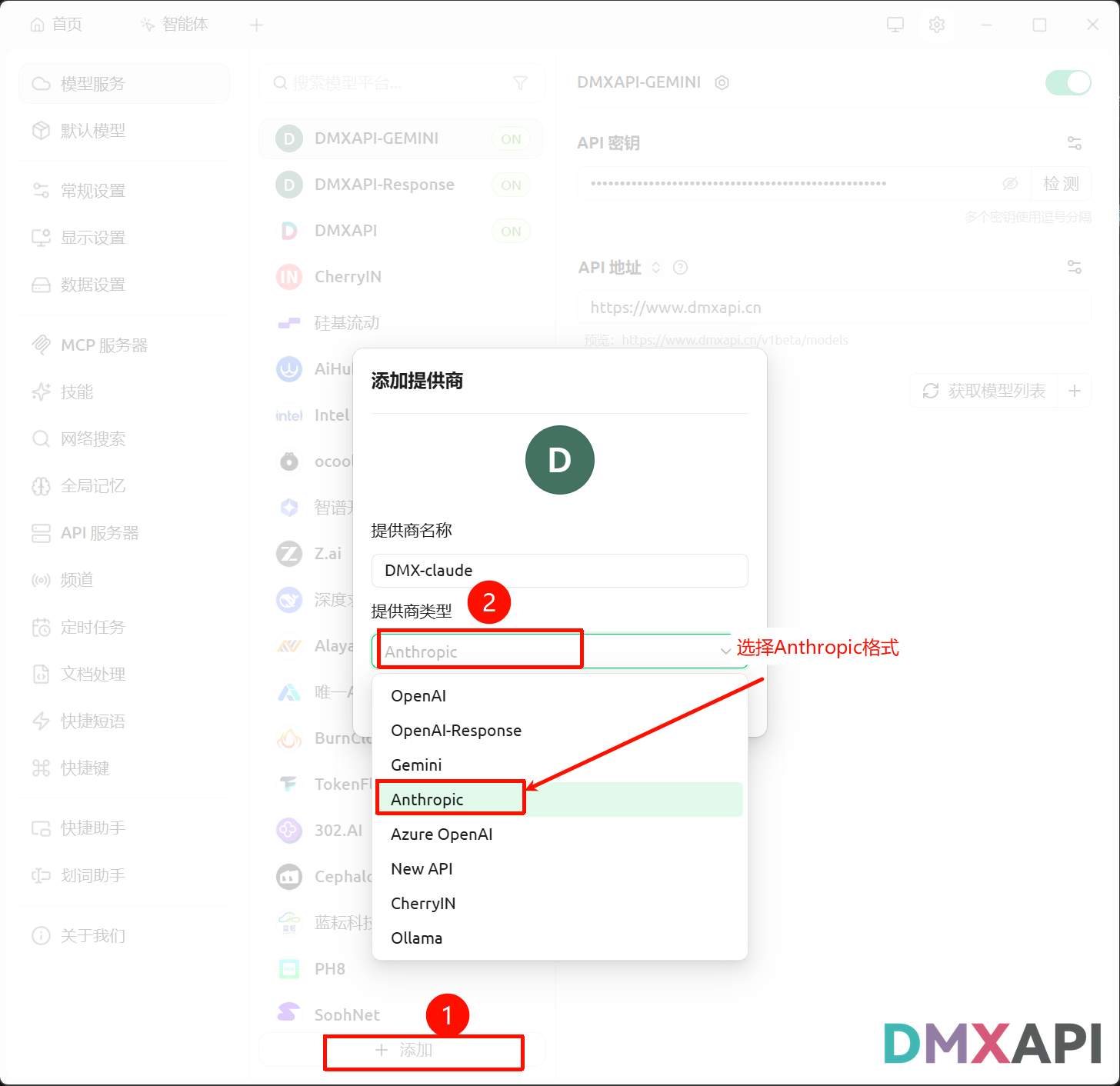 添加提供商并选择 Anthropic 格式