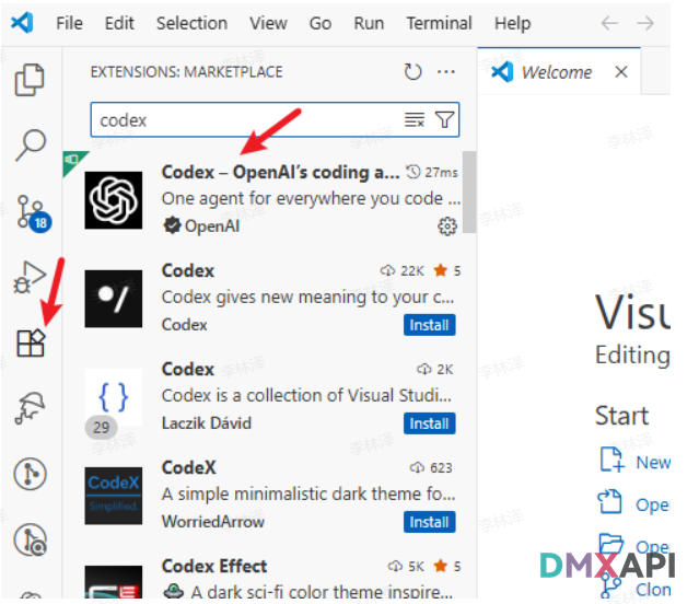 在 VSCode 扩展商店搜索 codex